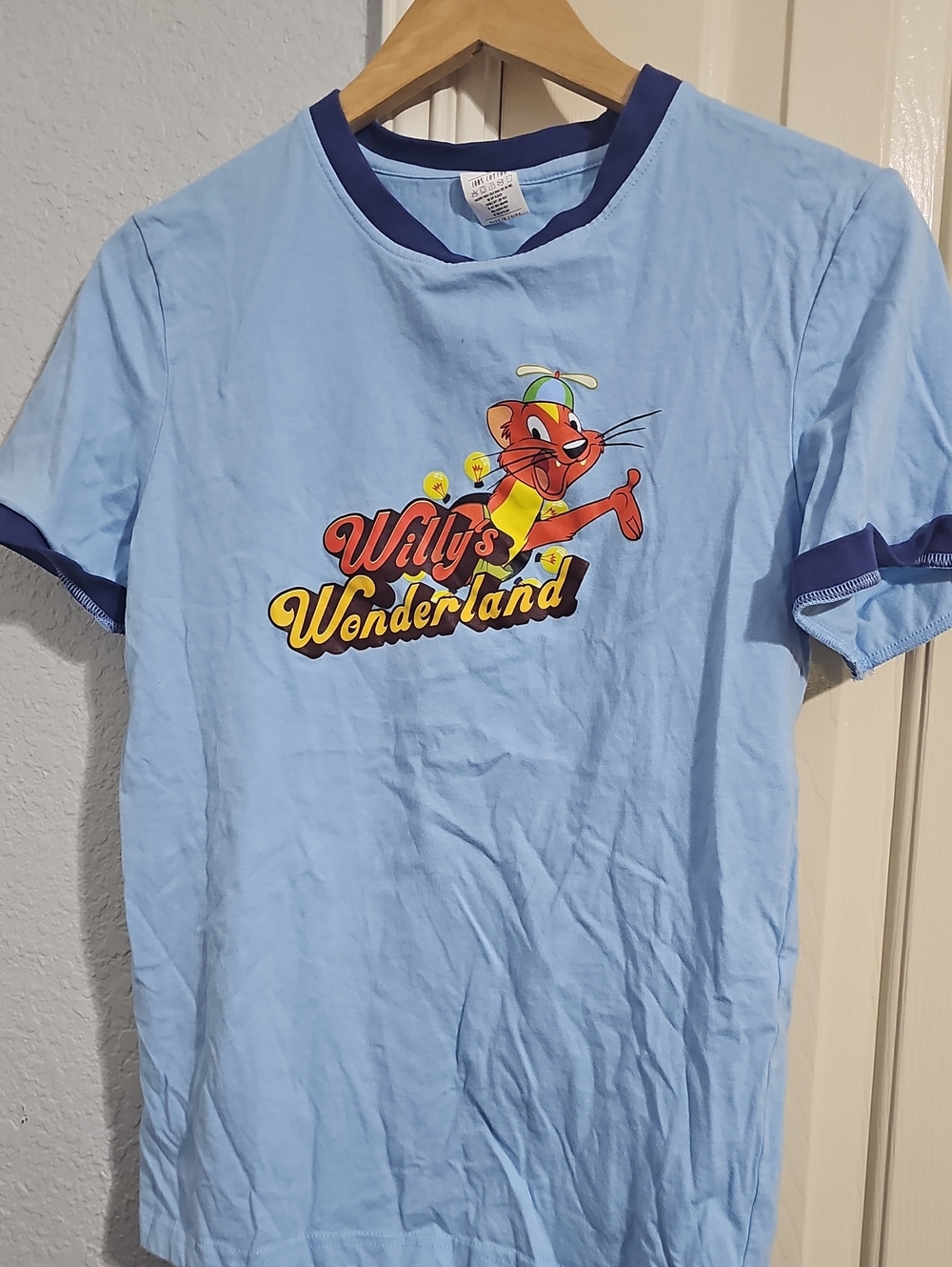 WONDERLAND Light Blue Ringer Tee with Multicolor Graphic